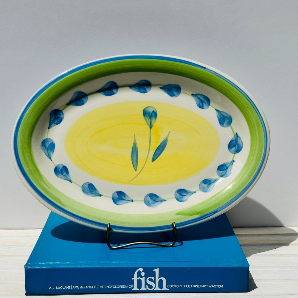 Trisa Hand‎ Painted Stoneware Oval Serving Platter Yellow Blue Green Floral 14"